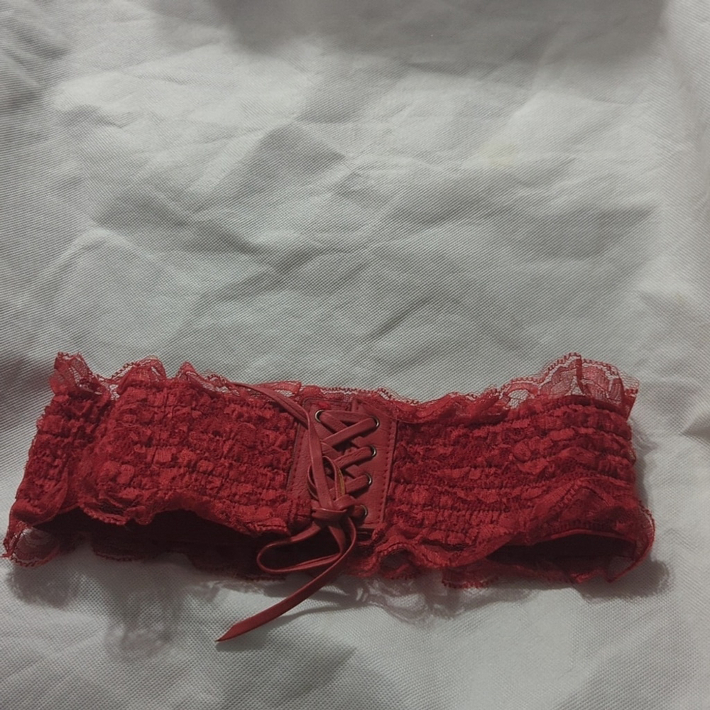 Red Lace Faux Leather Lace Up Stretchy Statement Waist Cincher Belt